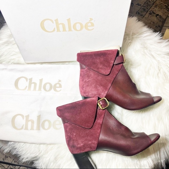 CHLOÉ Burgundy Red Suede Foldover Chunky Heel Booties, Size 38 - Picture 1 of 14